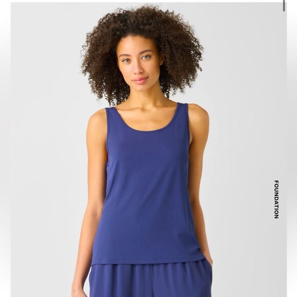 Eileen Fisher Size S Stretch Silk Jersey Scoop Neck Tank‎ Solid Blue Minimalist - Picture 1 of 7